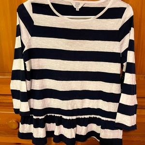 Crown & Ivy Navy striped ruffle cotton tee.